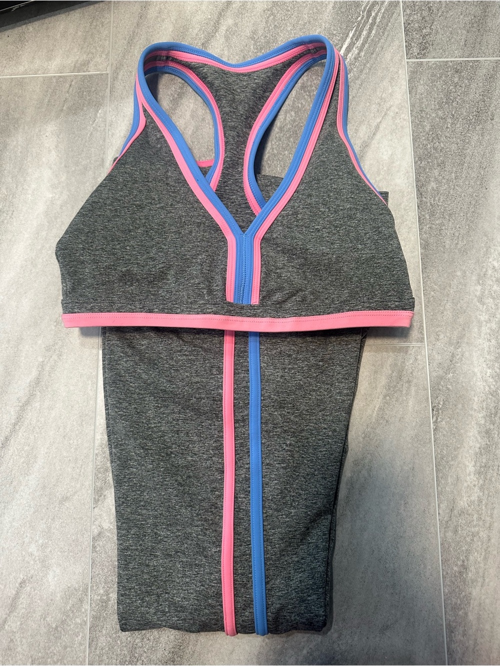 Beach Riot Gray Sports Bra & Leggings Set with Pink and Blue Trim